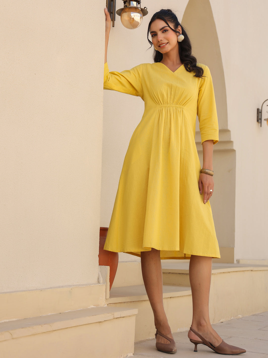 Yellow Cotton Solid A-line Dress
