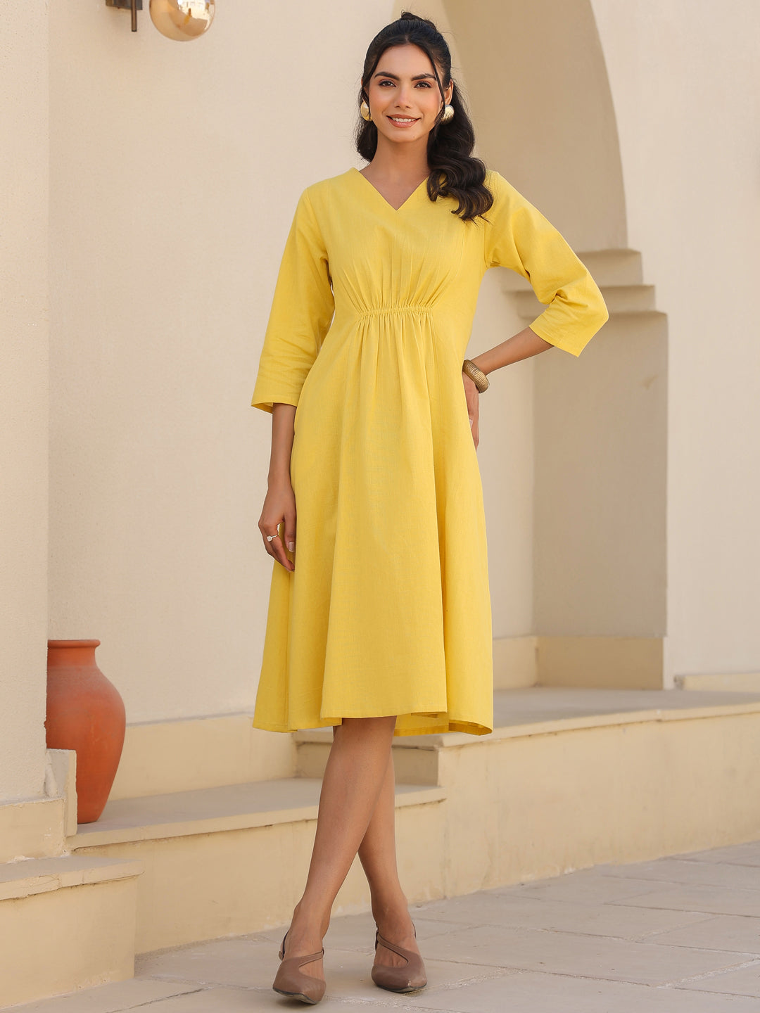 Yellow Cotton Solid A-line Dress