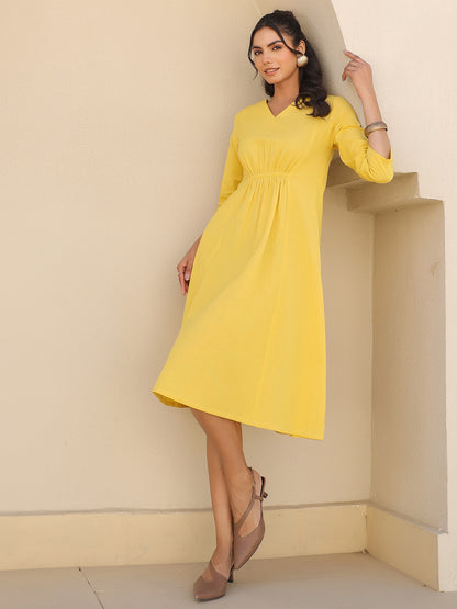Yellow Cotton Solid A-line Dress