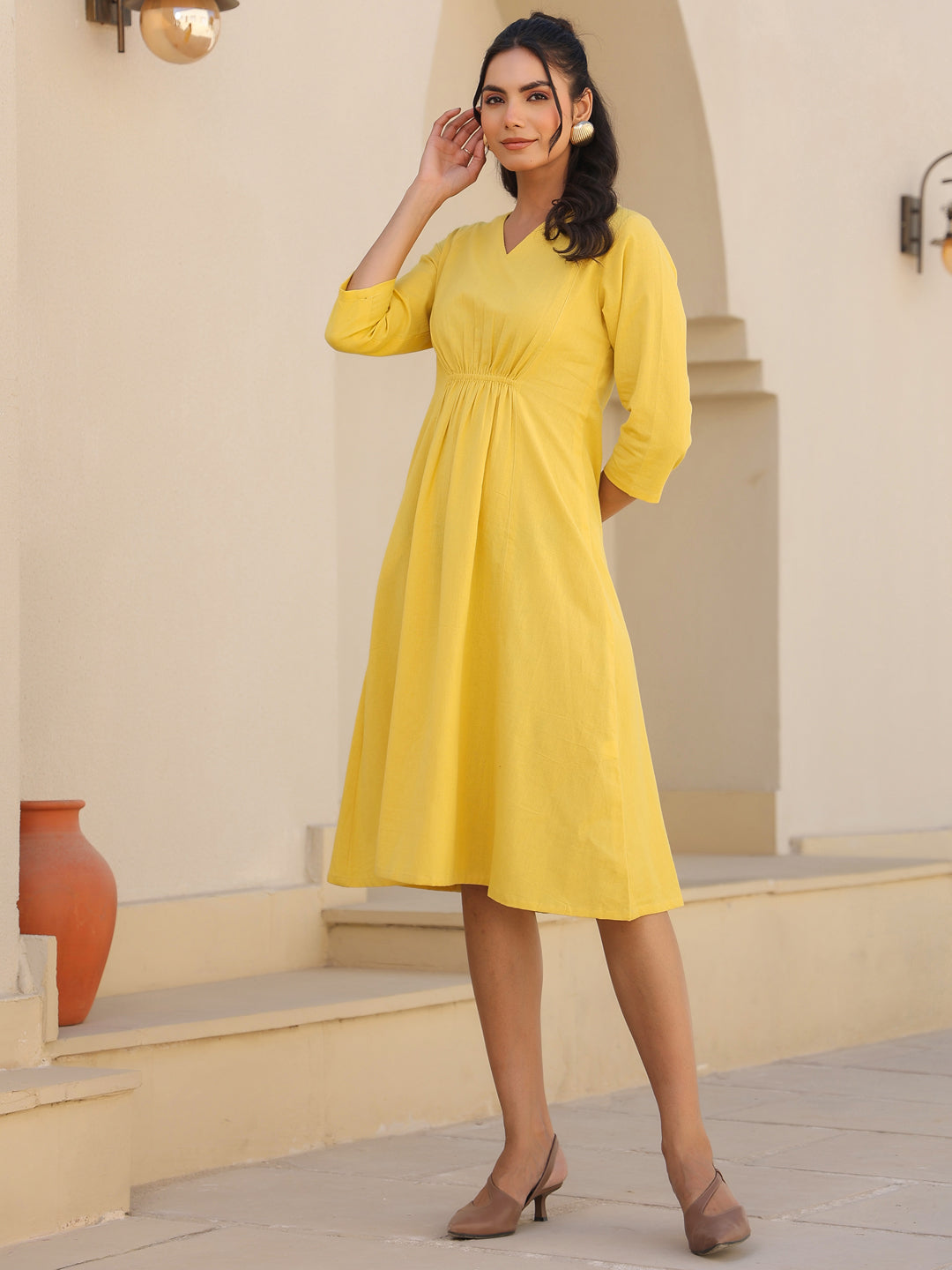 Yellow Cotton Solid A-line Dress