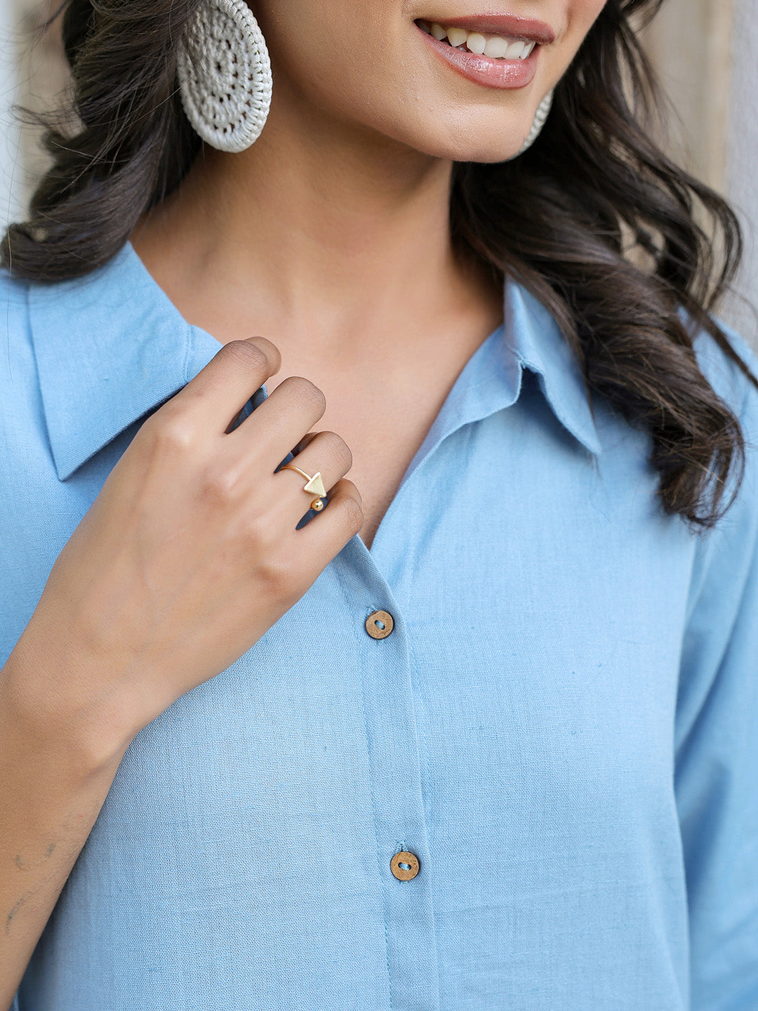 Light Blue Cotton Solid Button Down Shirt Style A-line Dress