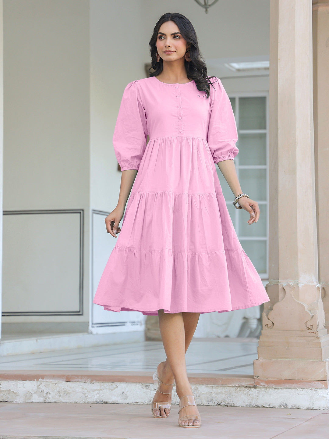 Light Pink Pure Cotton Solid Tiered Dress