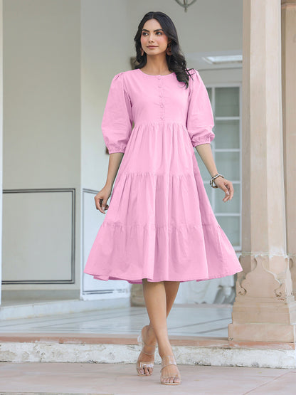 Light Pink Pure Cotton Solid Tiered Dress