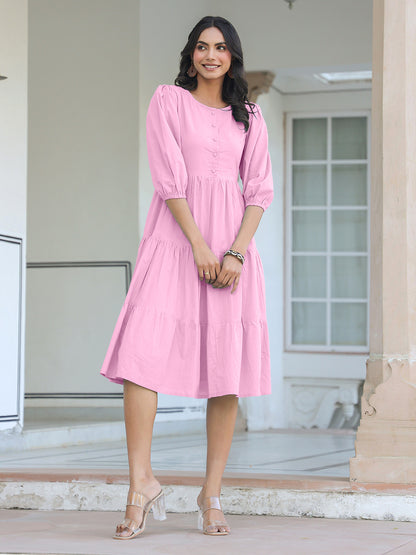 Light Pink Pure Cotton Solid Tiered Dress