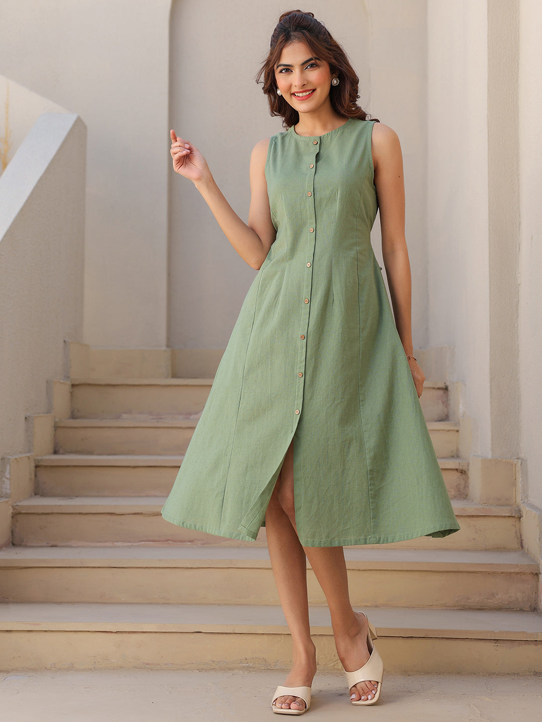 Green Cotton Solid A-line Dress