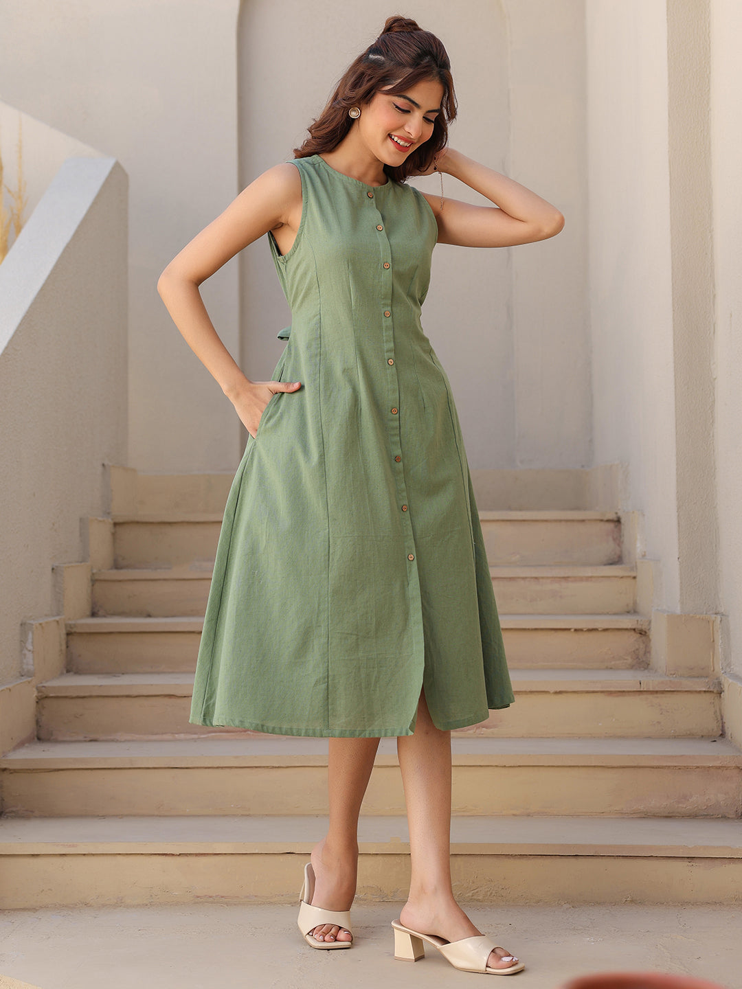 Green Cotton Solid A-line Dress