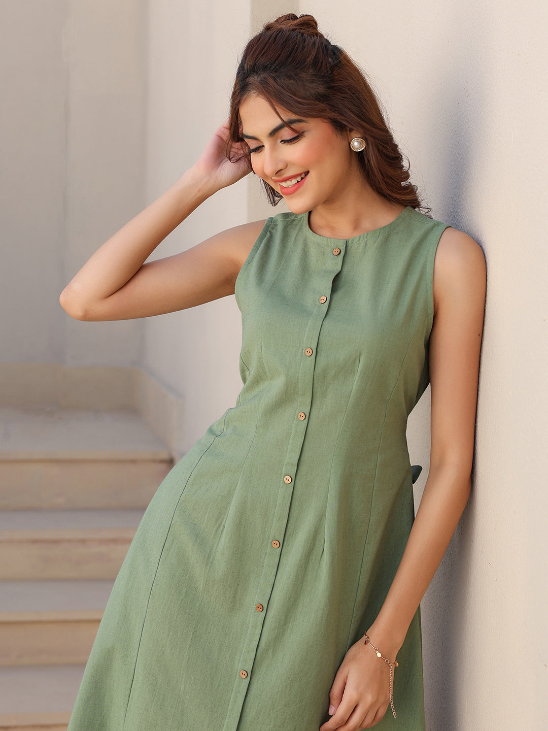 Green Cotton Solid A-line Dress