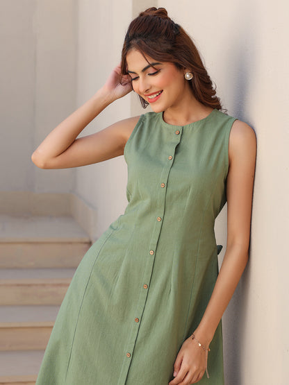 Green Cotton Solid A-line Dress