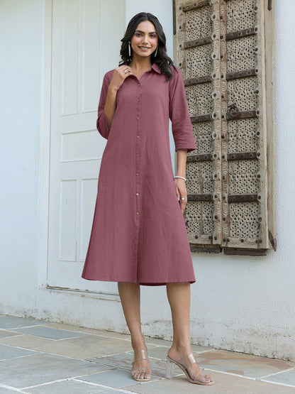 Mauve Cotton Solid A-line Dress