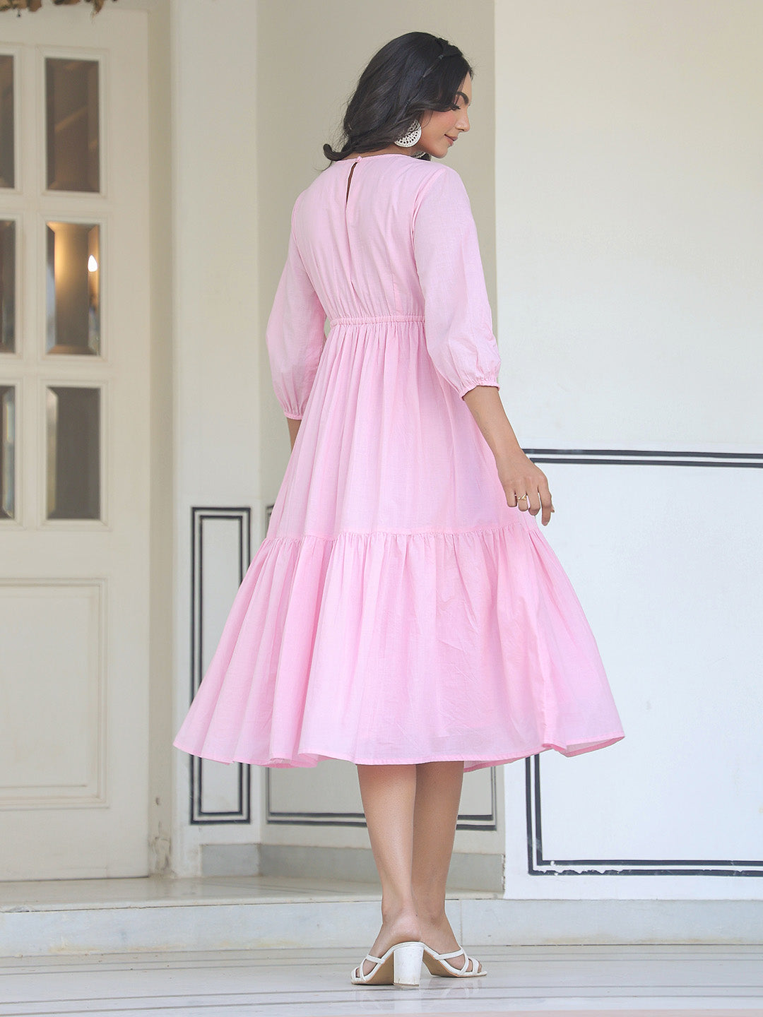 Light Pink Pure Cotton Solid Tiered Dress