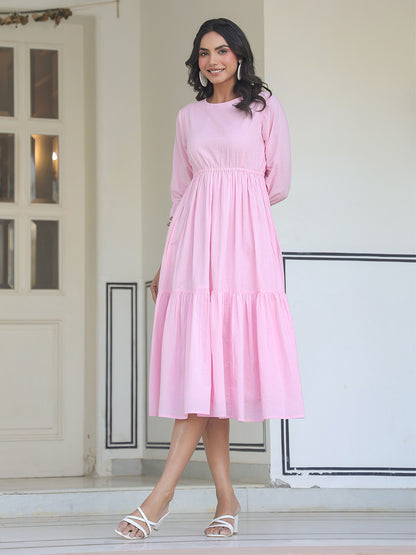Light Pink Pure Cotton Solid Tiered Dress
