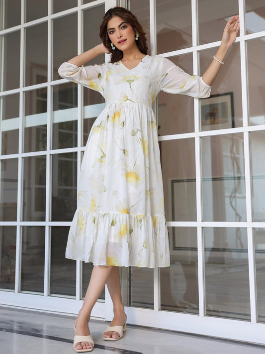 White Georgette Floral Printed Tiered Dress