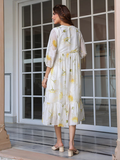 White Georgette Floral Printed Tiered Dress