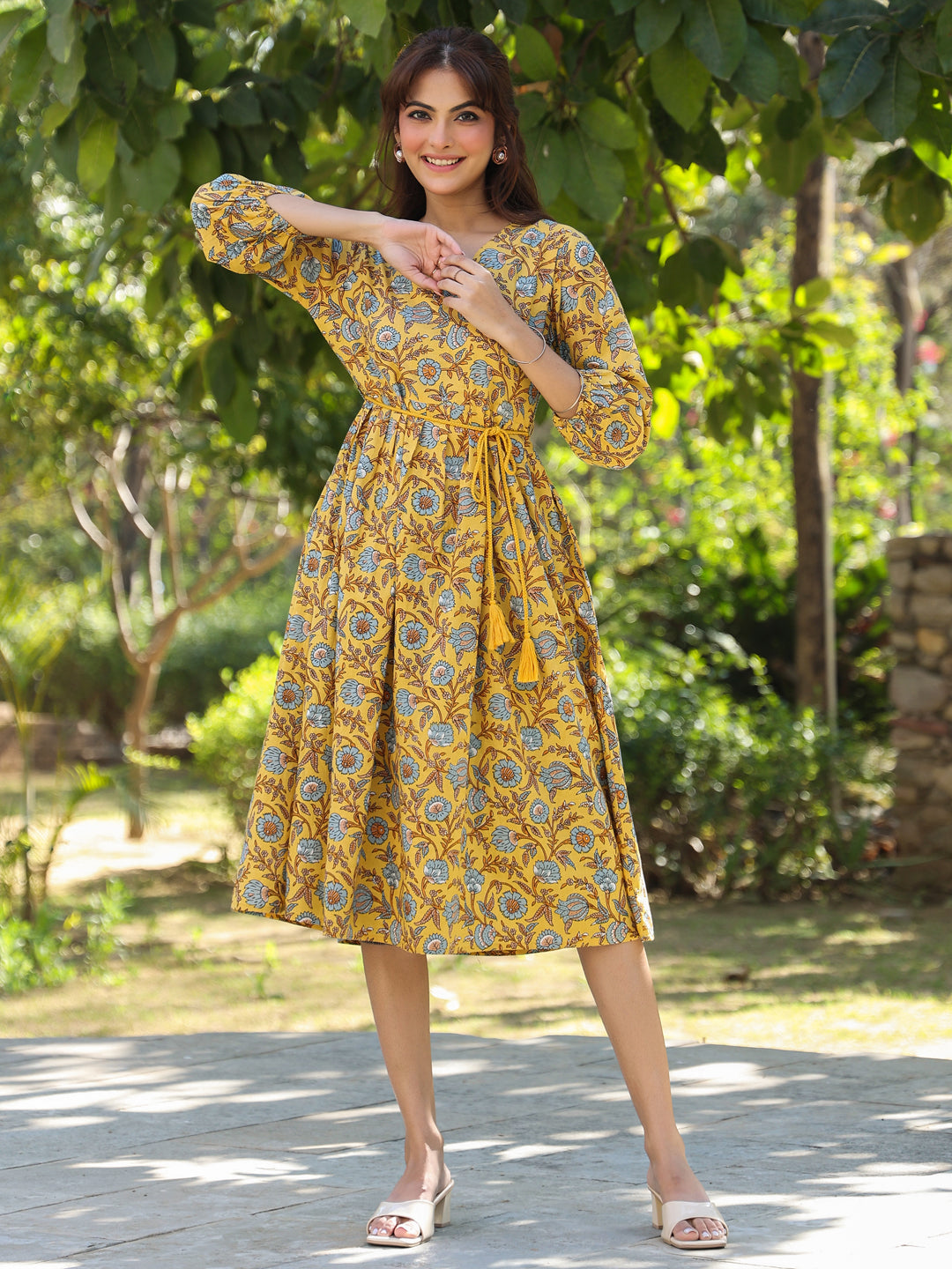 Yellow Pure Cotton Floral Printed A-line Dress