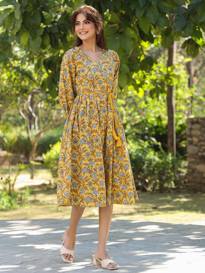 Yellow Pure Cotton Floral Printed A-line Dress