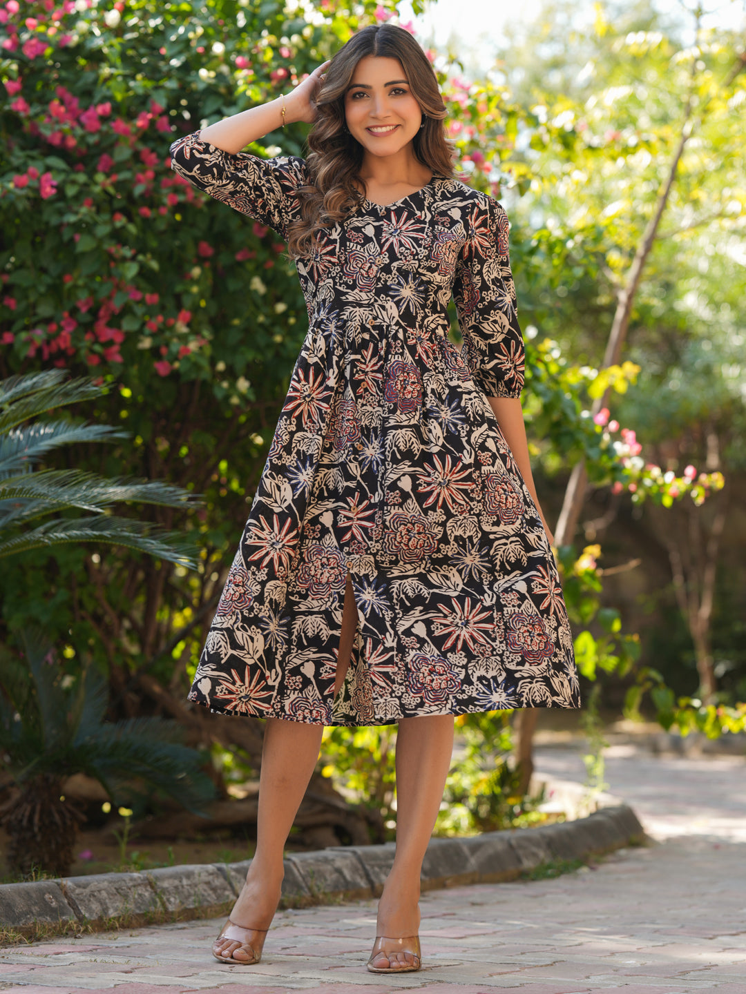 Black Pure Cotton Floral Printed A-line Dress