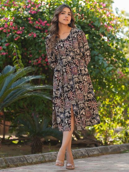 Black Pure Cotton Floral Printed A-line Dress