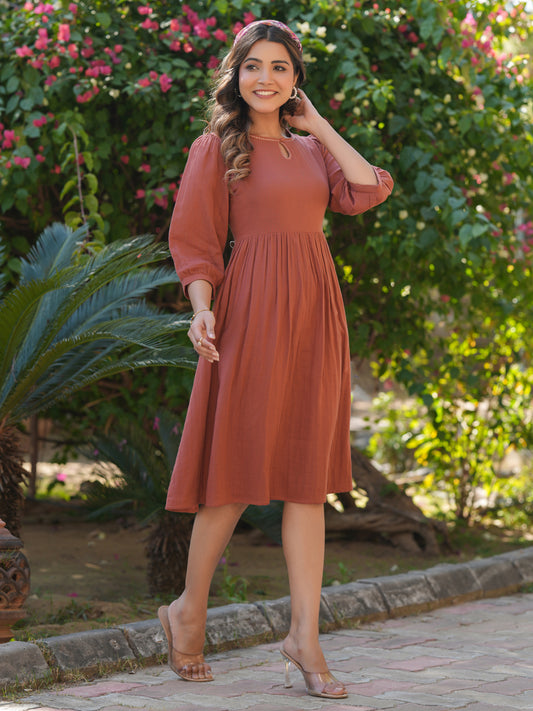 Rust Pure Cotton Solid Gathered Dress