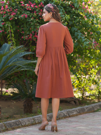 Rust Pure Cotton Solid Gathered Dress