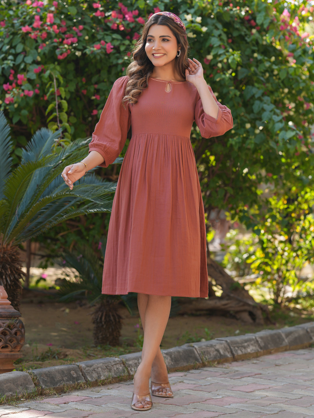 Rust Pure Cotton Solid Gathered Dress