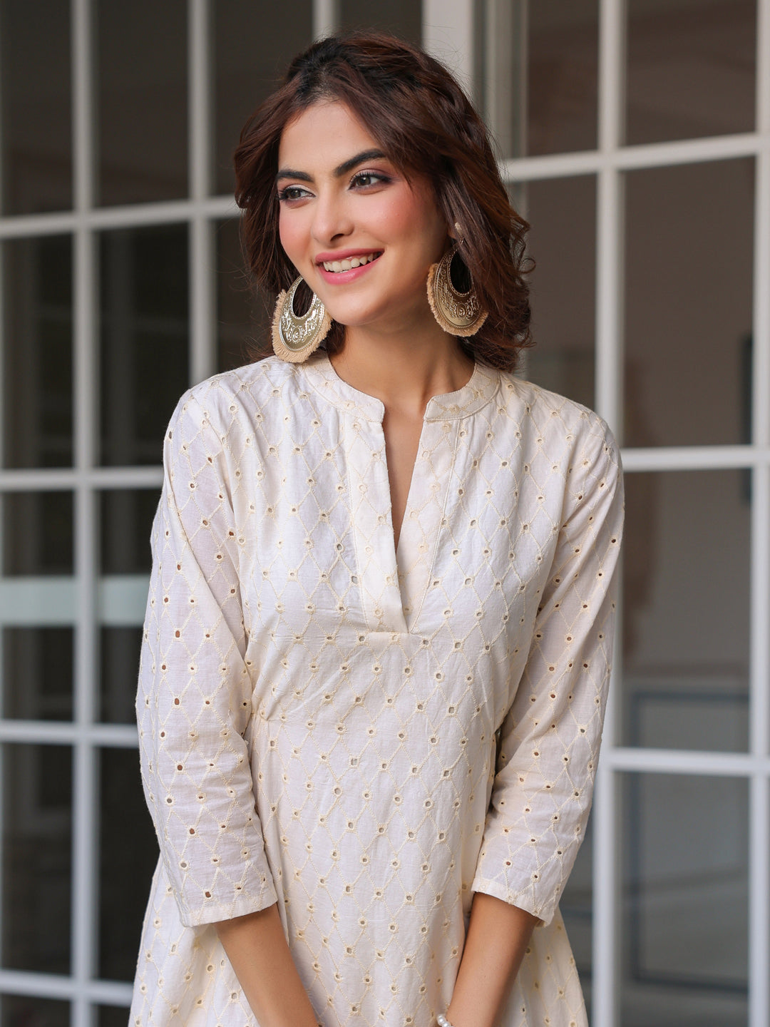 Off White Pure Cotton Schiffli A-line Dress