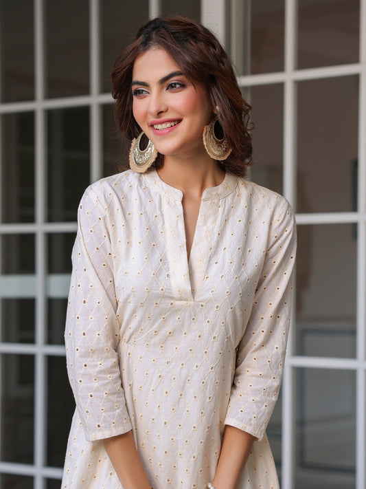 Off White Pure Cotton Schiffli A-line Dress