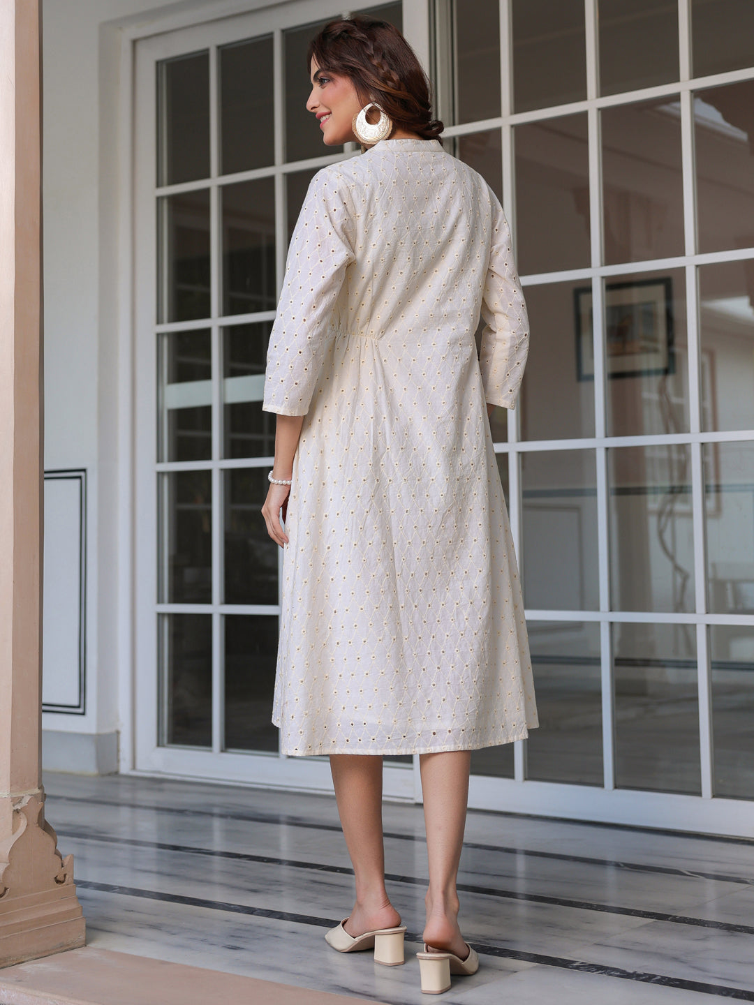 Off White Pure Cotton Schiffli A-line Dress