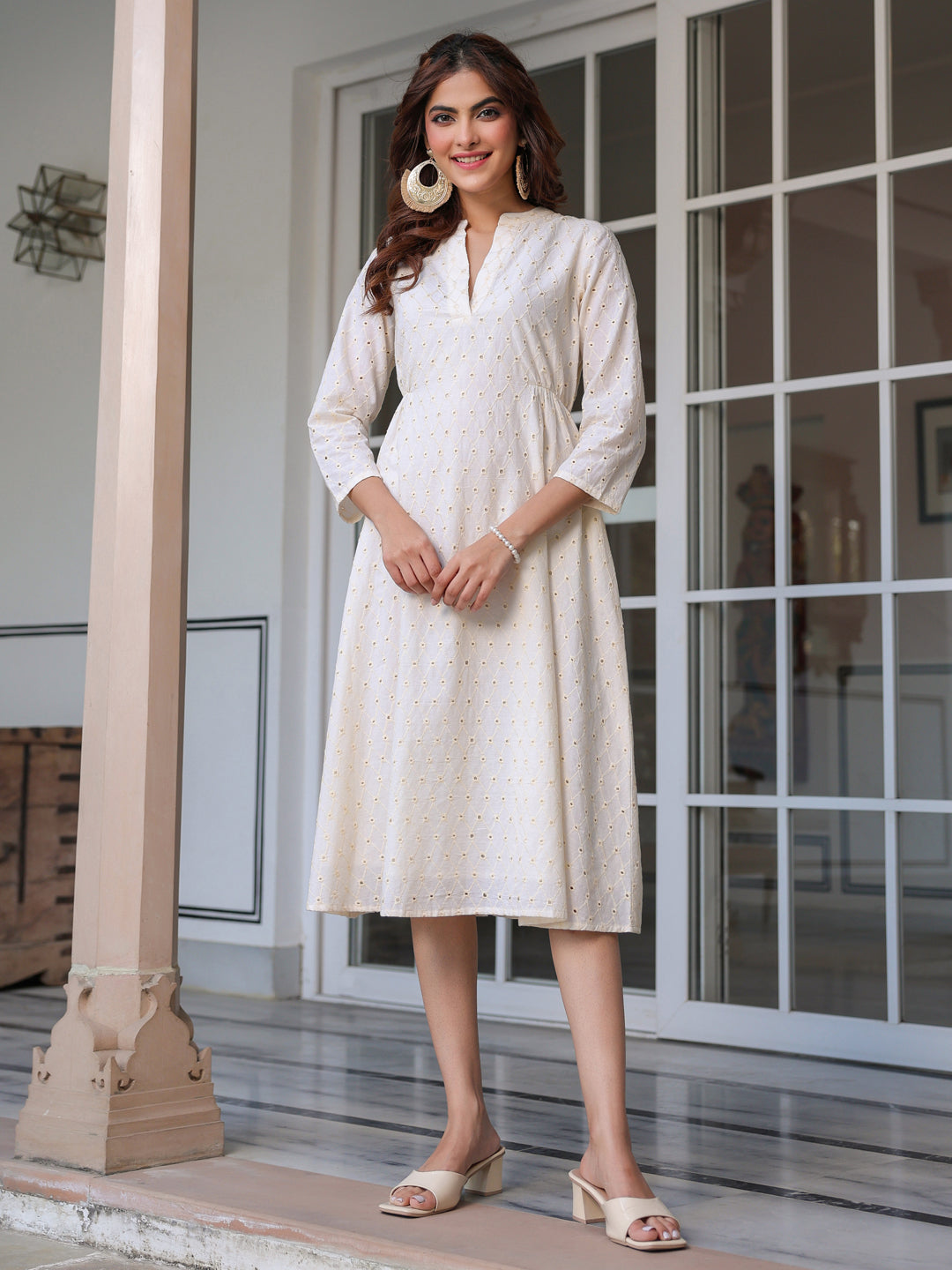 Off White Pure Cotton Schiffli A-line Dress