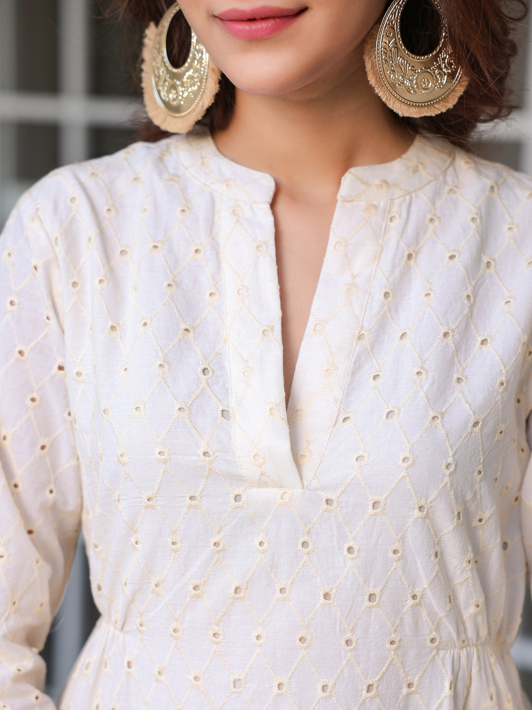 Off White Pure Cotton Schiffli A-line Dress