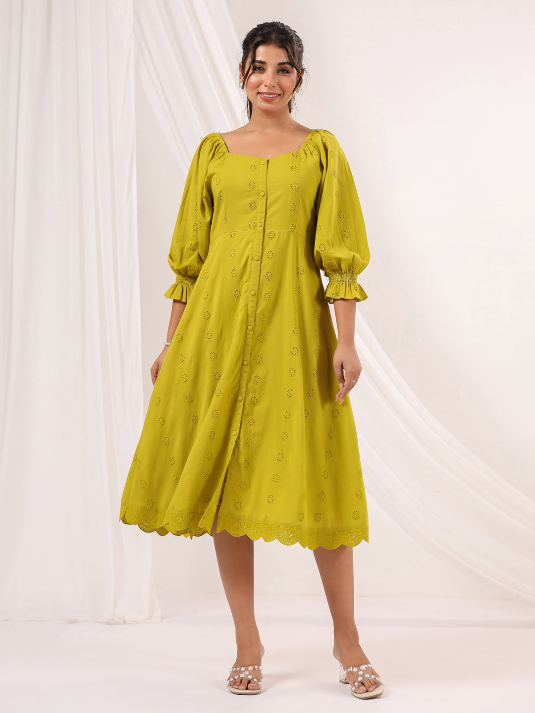 Janasya Women's Lime Green Pure Cotton Schiffli A-line Dress