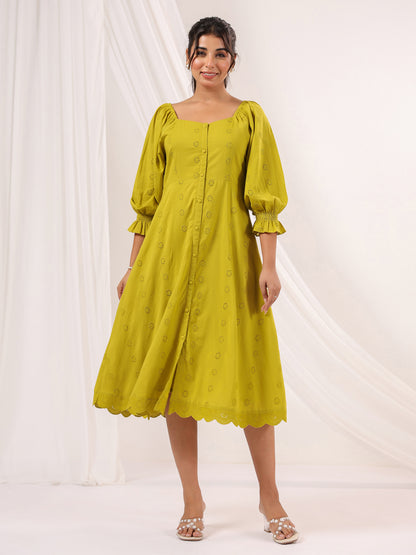 Janasya Women's Lime Green Pure Cotton Schiffli A-line Dress