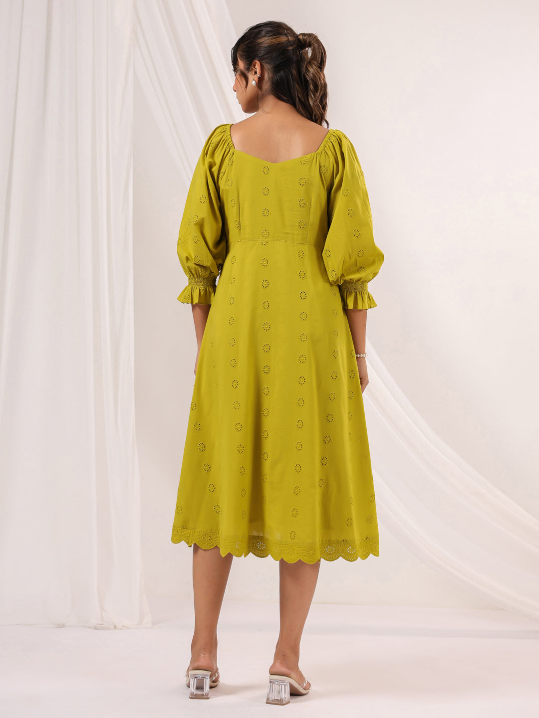 Janasya Women's Lime Green Pure Cotton Schiffli A-line Dress