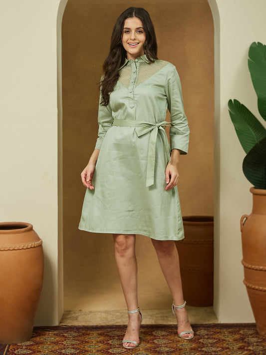 Janasya Women's Sage Green Cotton Embellished A-line Tie-up Dress