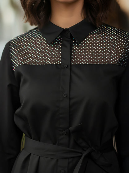Janasya Women's Black Cotton Embellished A-line Button Down Shirt Dress
