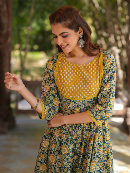Bottle Green Pure Cotton Floral Printed A-line Kurta Pant Set