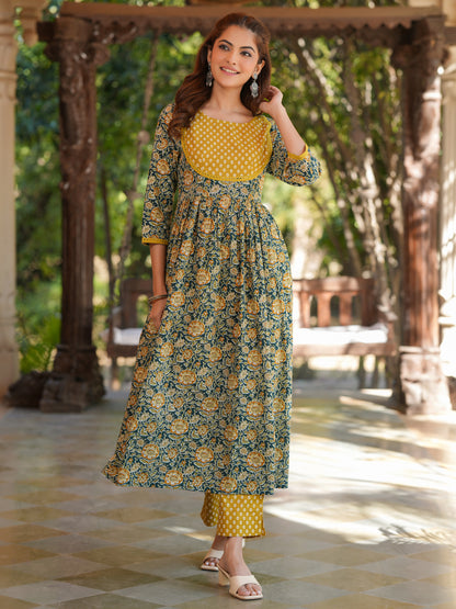 Bottle Green Pure Cotton Floral Printed A-line Kurta Pant Set