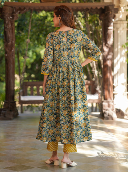 Bottle Green Pure Cotton Floral Printed A-line Kurta Pant Set