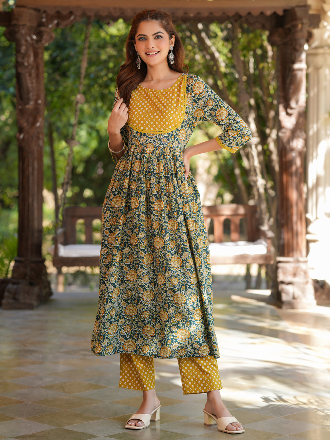 Bottle Green Pure Cotton Floral Printed A-line Kurta Pant Set