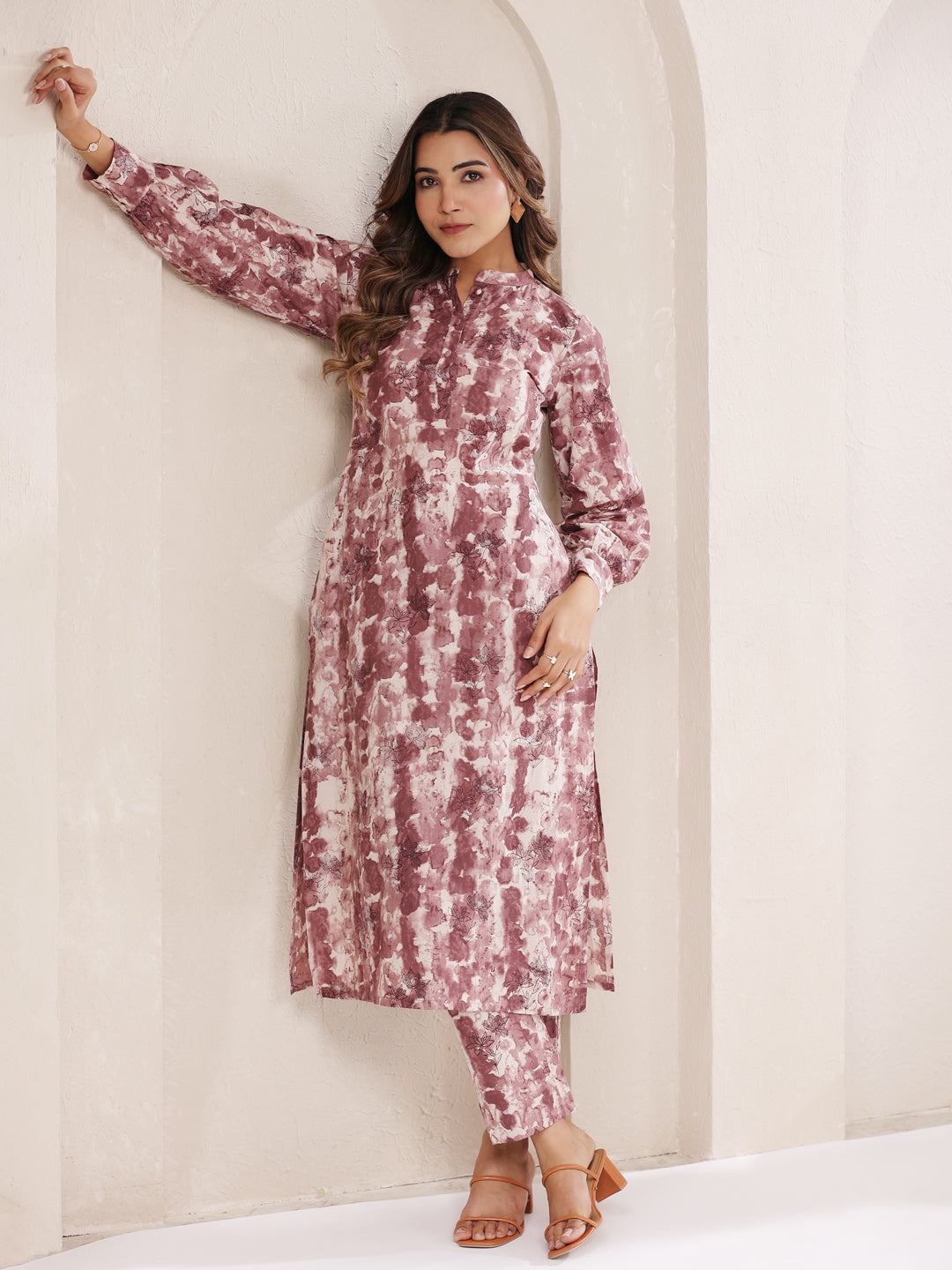 Mauve Pure Cotton Tie & Dye Straight Kurta Set