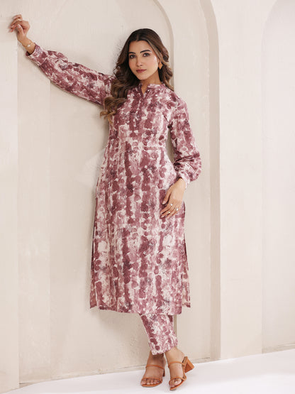 Mauve Pure Cotton Tie & Dye Straight Kurta Set