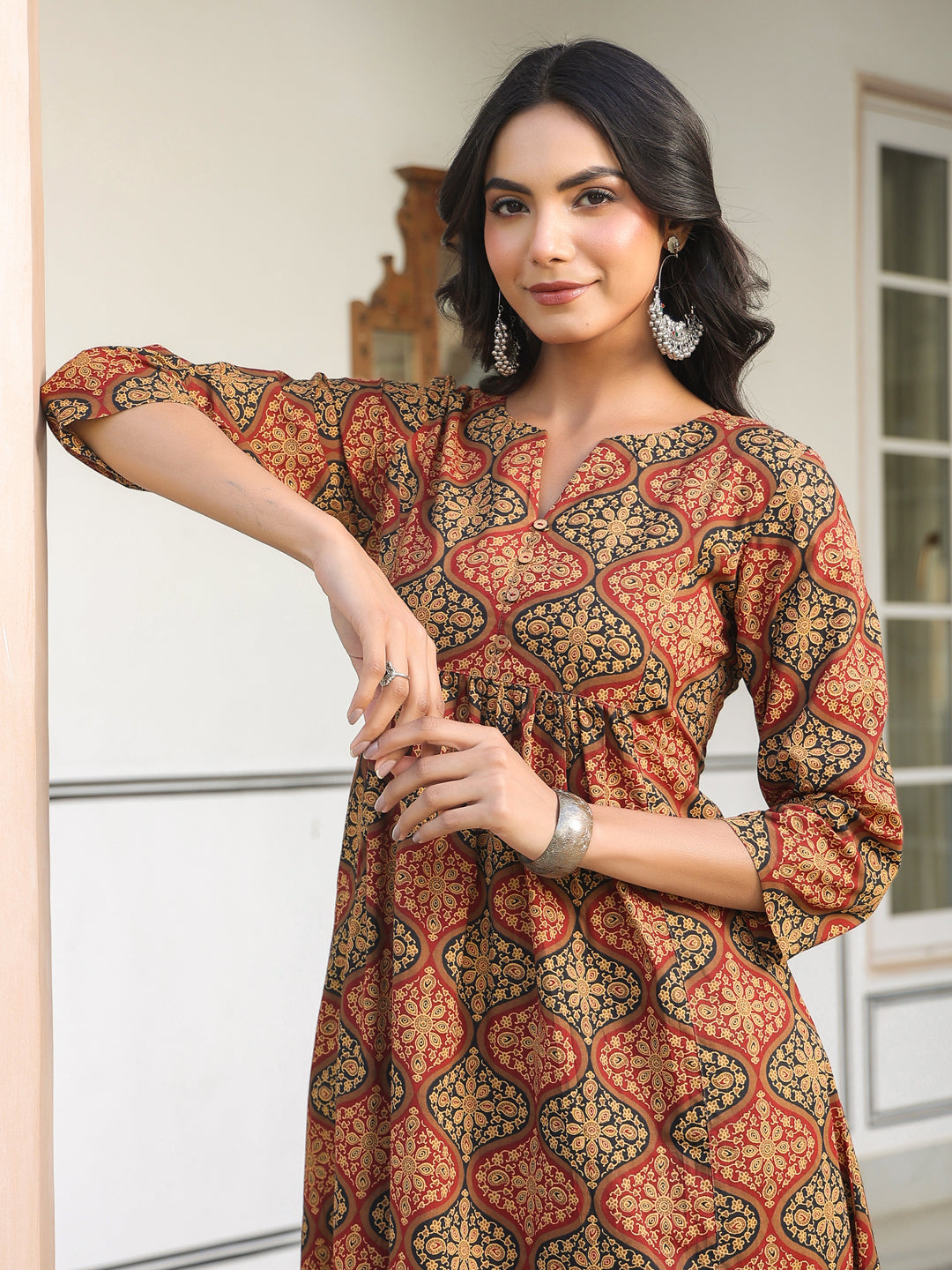 Brown Pure Cotton Ethnic Motifs Printed A-line Kurta Pant Set