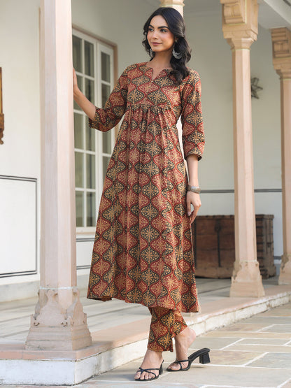 Brown Pure Cotton Ethnic Motifs Printed A-line Kurta Pant Set