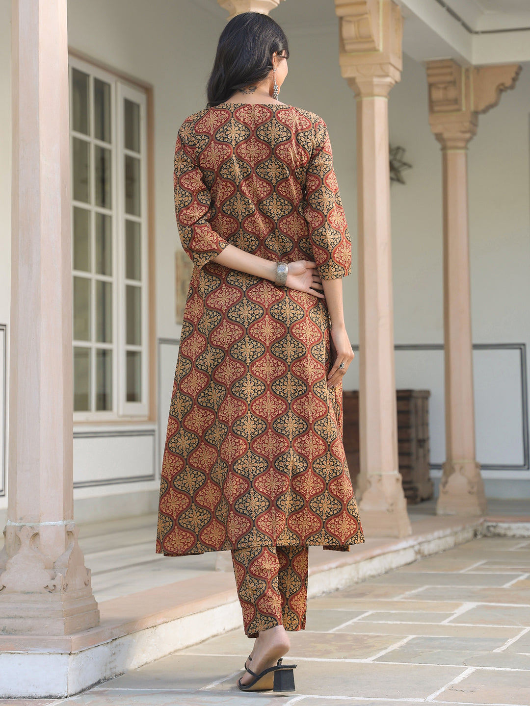 Brown Pure Cotton Ethnic Motifs Printed A-line Kurta Pant Set
