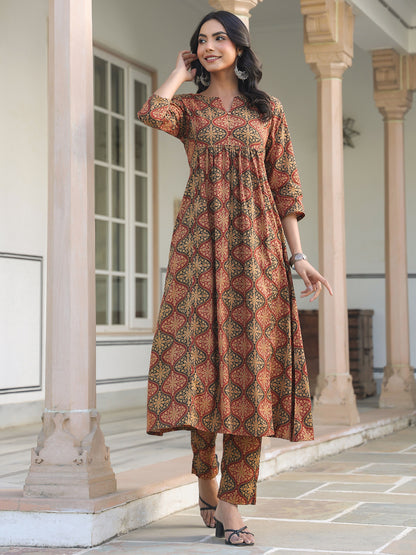 Brown Pure Cotton Ethnic Motifs Printed A-line Kurta Pant Set