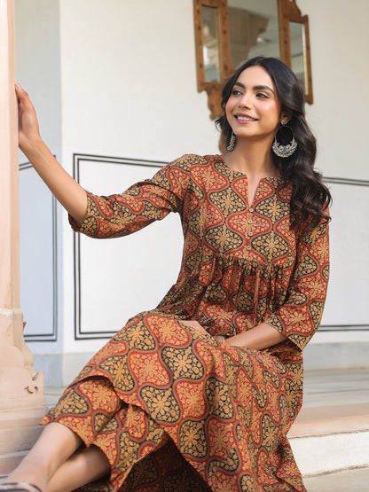 Brown Pure Cotton Ethnic Motifs Printed A-line Kurta Pant Set