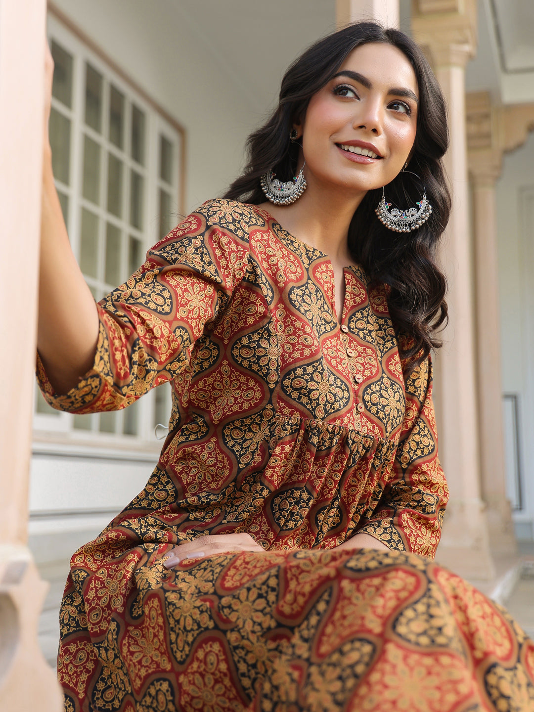 Brown Pure Cotton Ethnic Motifs Printed A-line Kurta Pant Set