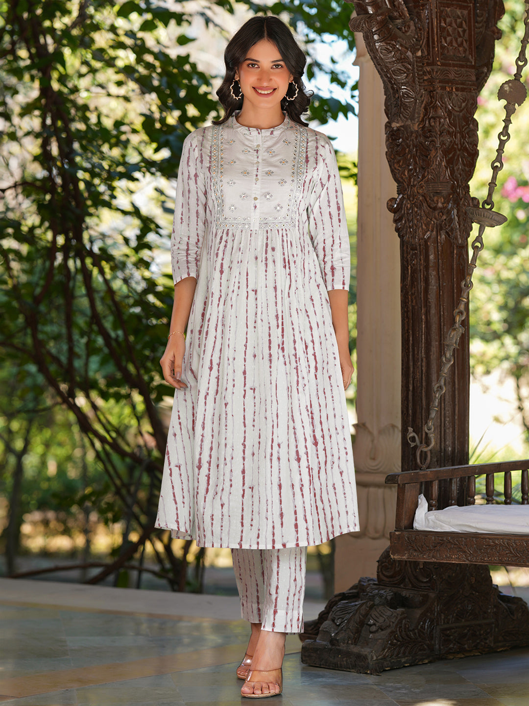 Janasya Women's White Pure Cotton Tie & Dye With Mirror Work A-line Kurta Pant Set