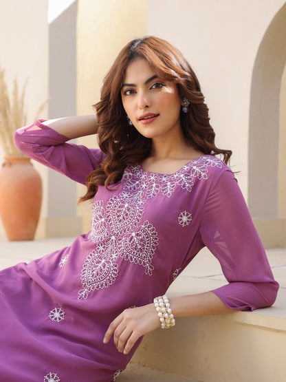 Lavender Georgette Embroidered Straight Kurta