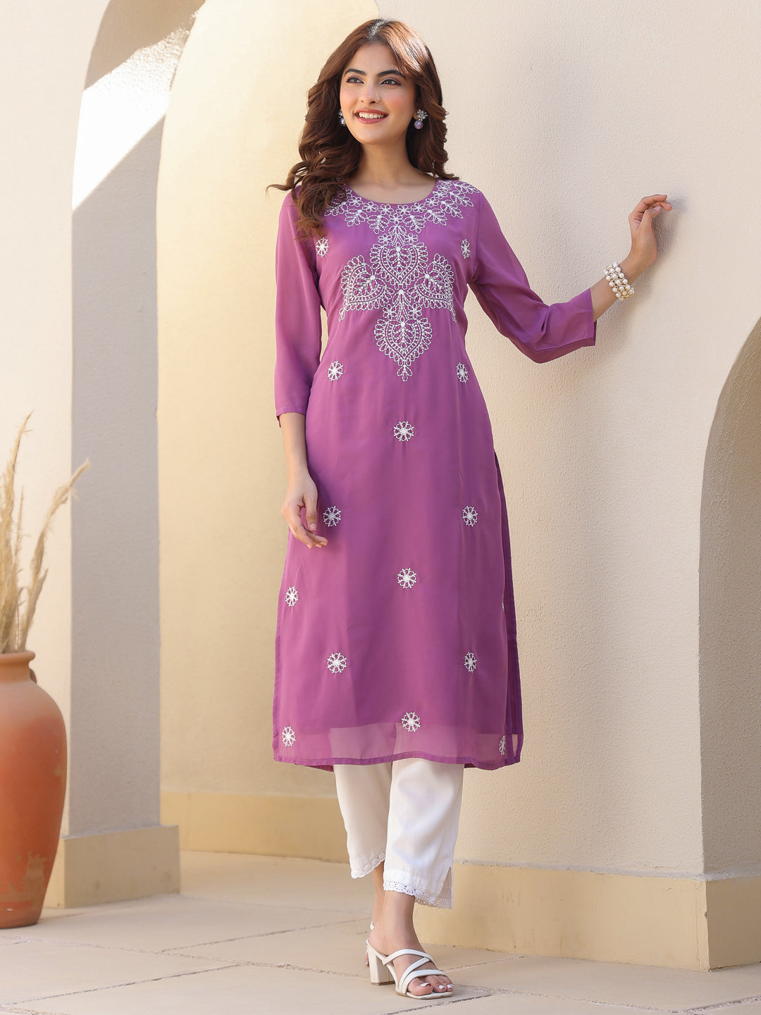 Lavender Georgette Embroidered Straight Kurta