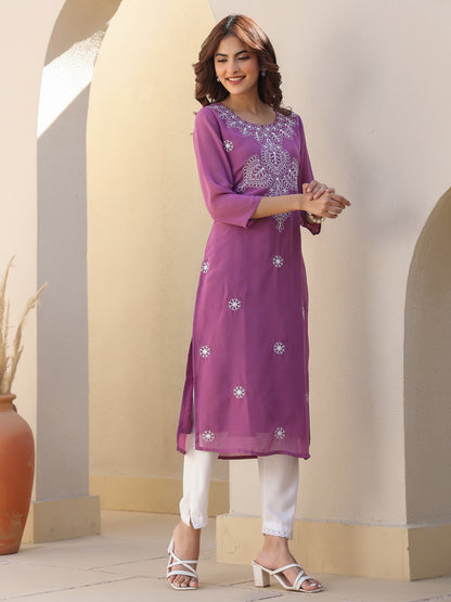 Lavender Georgette Embroidered Straight Kurta